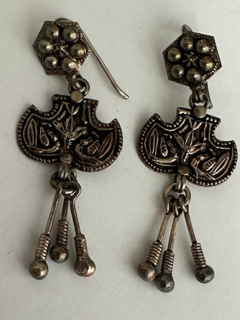 Vintage Rajasthani Style Bird Floral Silver Tone Dangle Earrings 2"